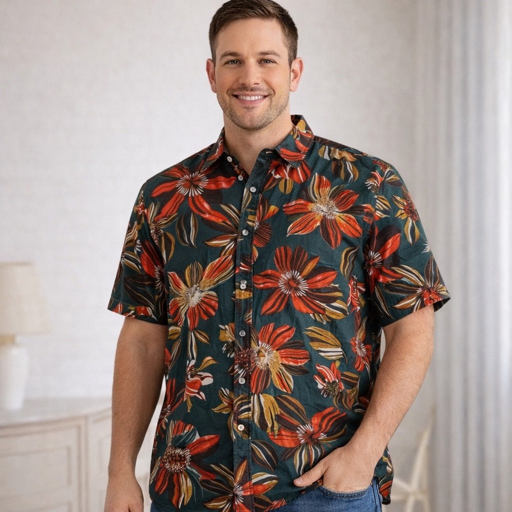 JOGAL‎ Mens Floral Button Down Shirt Short Sleeve Tropical Hawiian Large